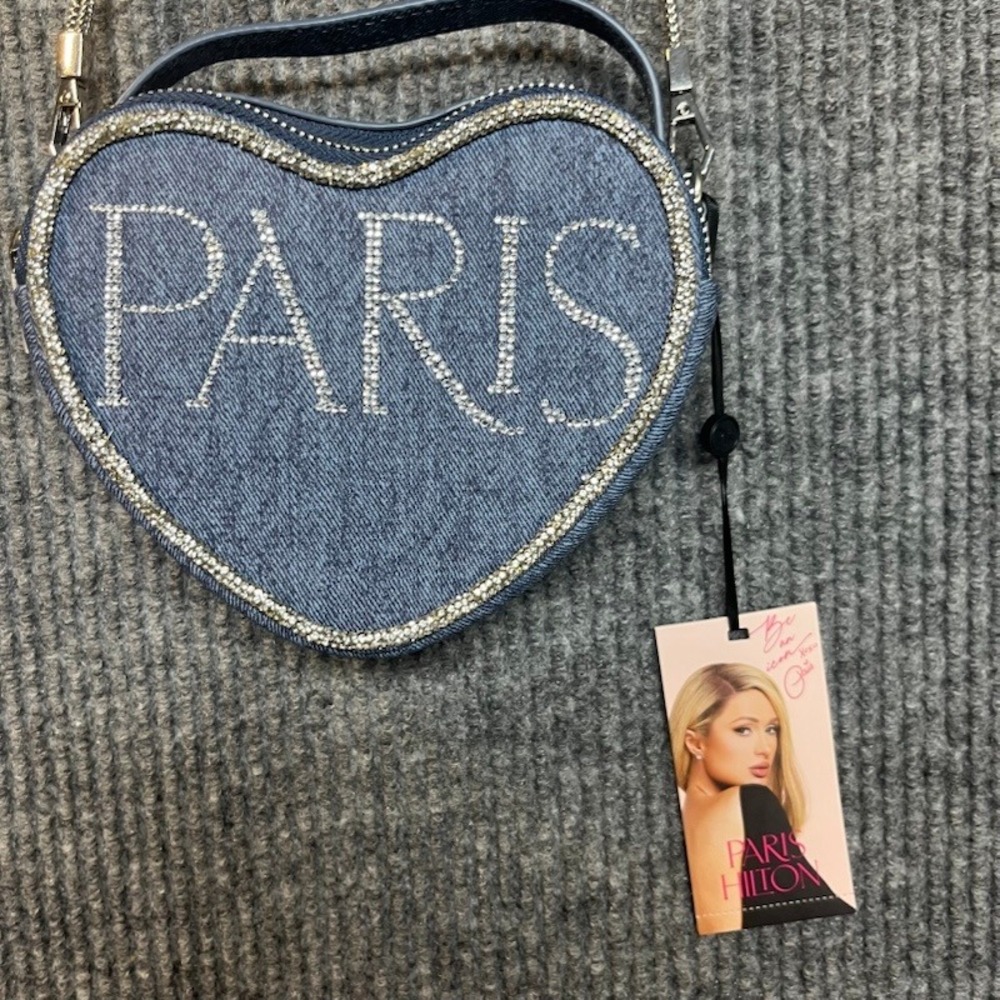 Paris Hilton Denim Heart Crossbody Bag Rhinestone Blue Y2K Paris Logo NWT - Picture 2 of 5